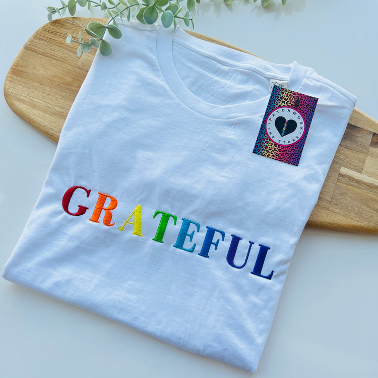 White “Grateful” Unisex Adults Embroidered T-Shirt