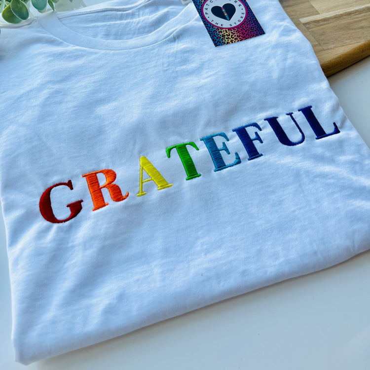 White “Grateful” Unisex Adults Embroidered T-Shirt