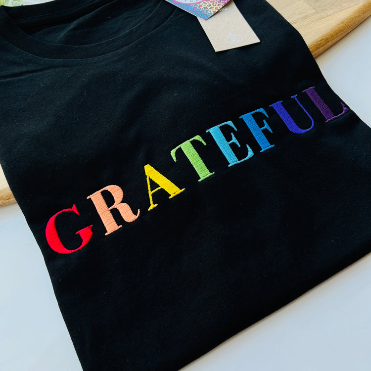 Black “Grateful” Unisex Adults Embroidered T-Shirt