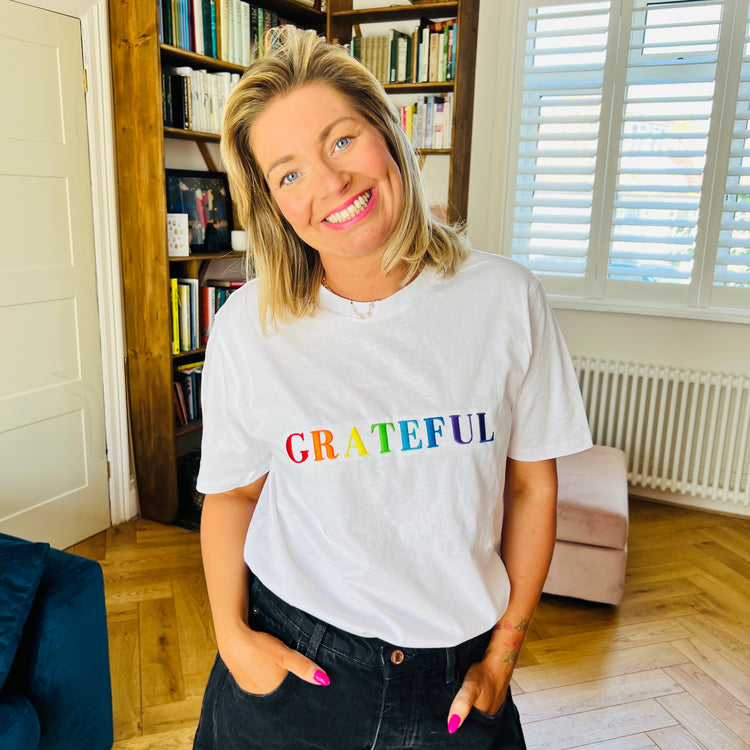 White “Grateful” Unisex Adults Embroidered T-Shirt