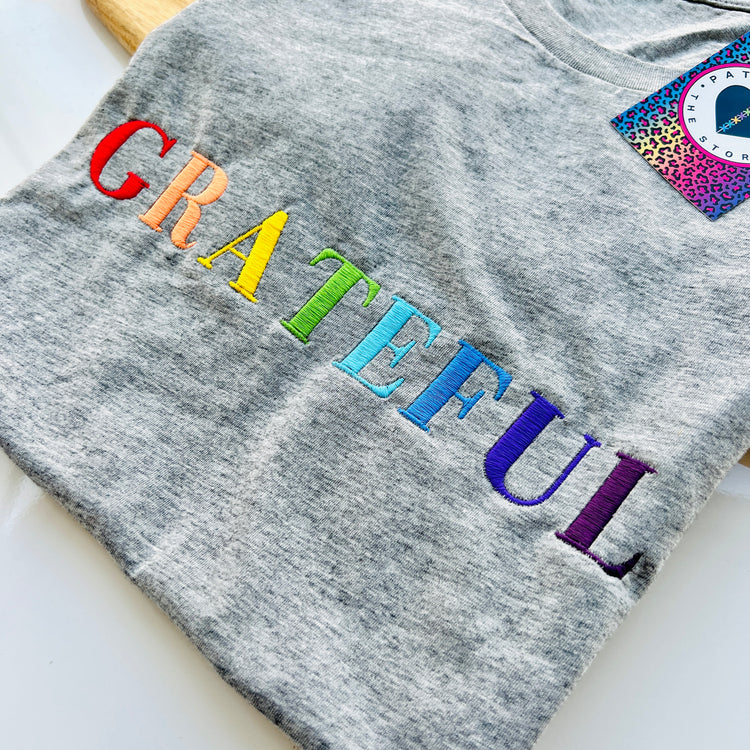 Grey “Grateful” Unisex Adults Embroidered T-Shirt