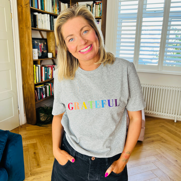 Grey “Grateful” Unisex Adults Embroidered T-Shirt