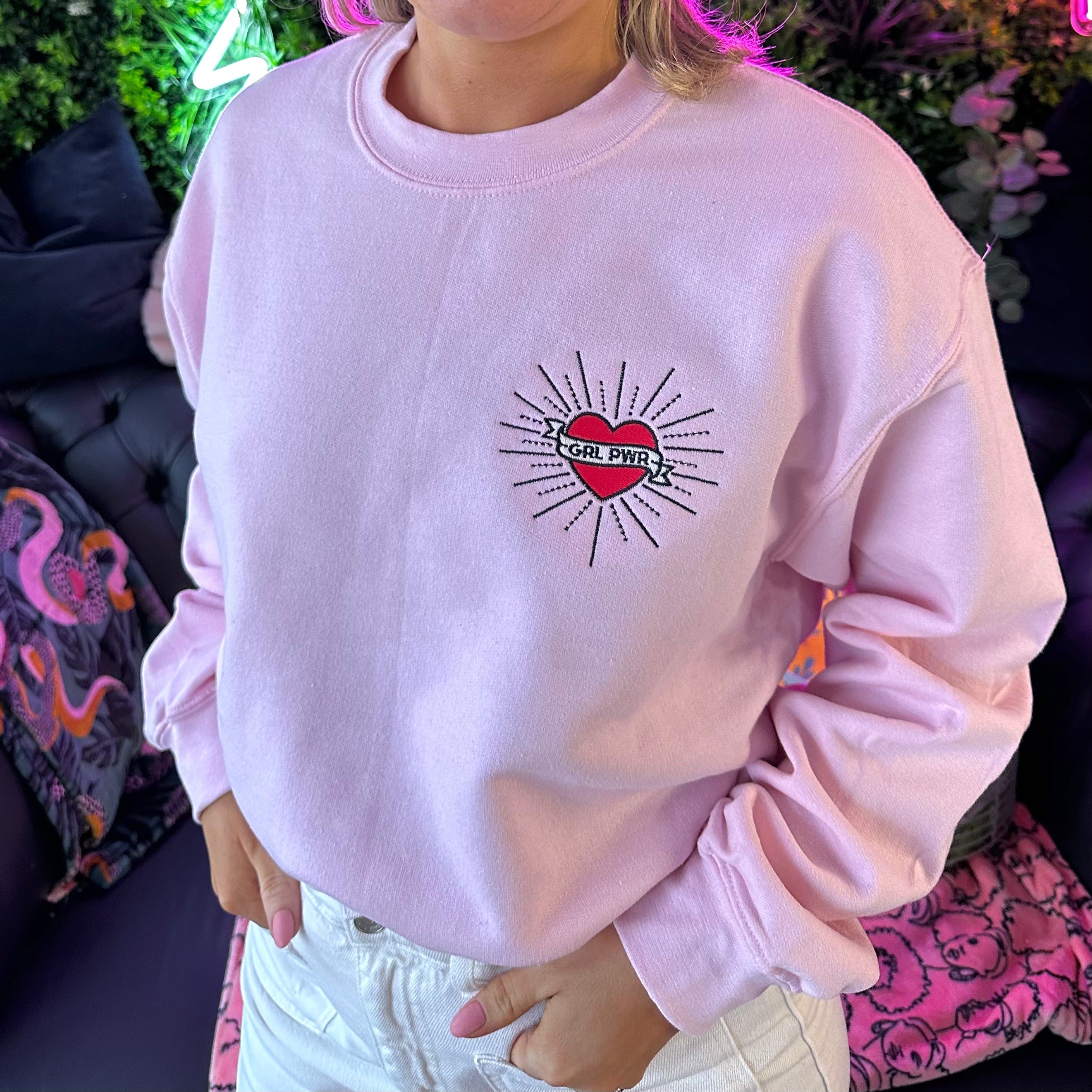 Pink Girl Power Unisex Embroidered Sweatshirt Patchwork The