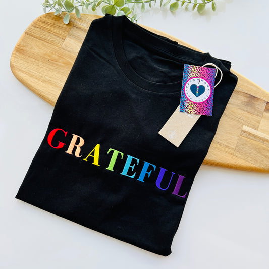 Black “Grateful” Unisex Adults Embroidered  T-Shirt
