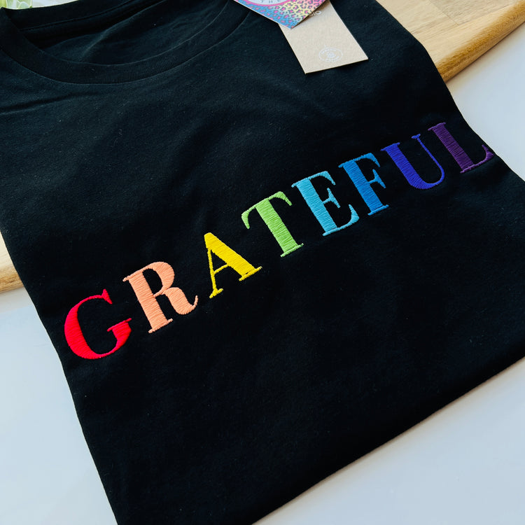Black “Grateful” Unisex Adults Embroidered  T-Shirt