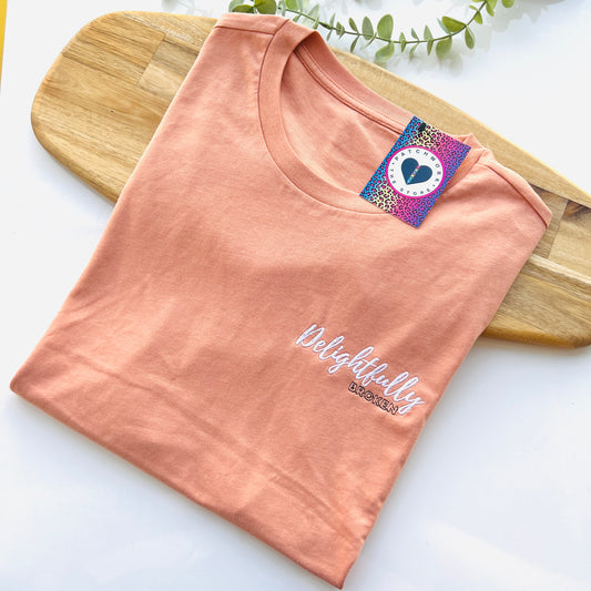 Peach 2023 "Delightfully Broken" Unisex Adults Embroidered T-Shirt