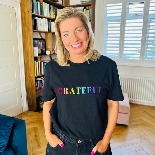 Black “Grateful” Unisex Adults Embroidered  T-Shirt