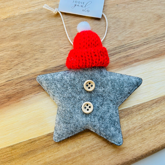 Christmas Fabric Star Decoration with Bobble Hat - Grey