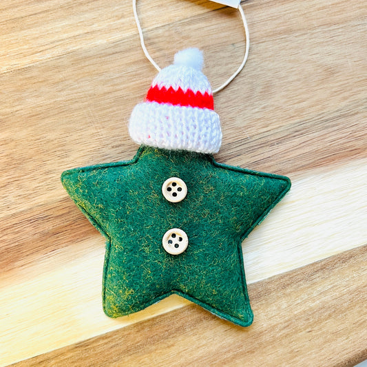 Christmas Fabric Star Decoration with Bobble Hat - Green