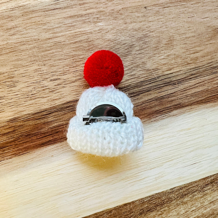 Christmas Knitted Bobble Hat Badge - White/Red Pom Pom