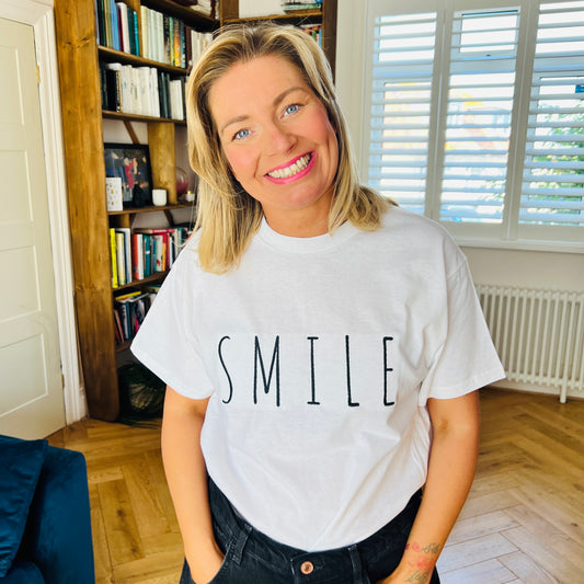 White & Black “Smile” Unisex Adults Embroidered  T-Shirt