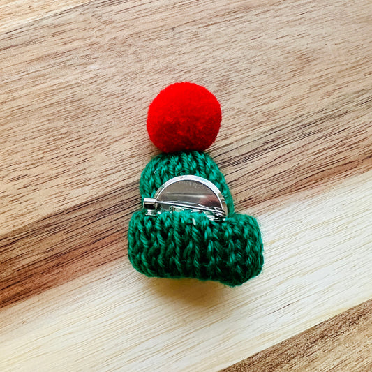 Christmas Knitted Bobble Hat Badge - Green/Red Pom Pom