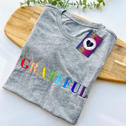 Grey “Grateful” Unisex Adults Embroidered  T-Shirt
