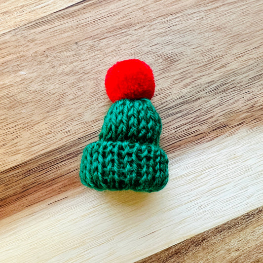 Christmas Knitted Bobble Hat Badge - Green/Red Pom Pom