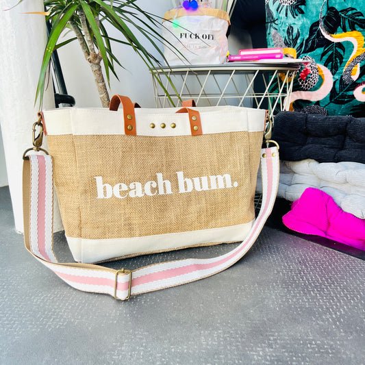 Beach Bum Crossbody Jute Tote Bag