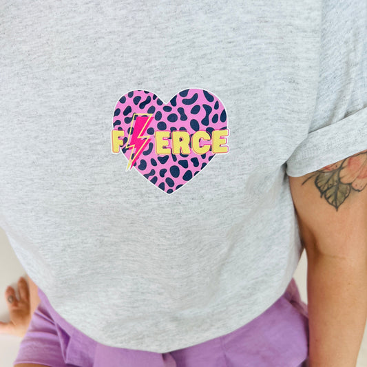 Unisex Adults "Fierce" Heart Print Grey T-Shirt