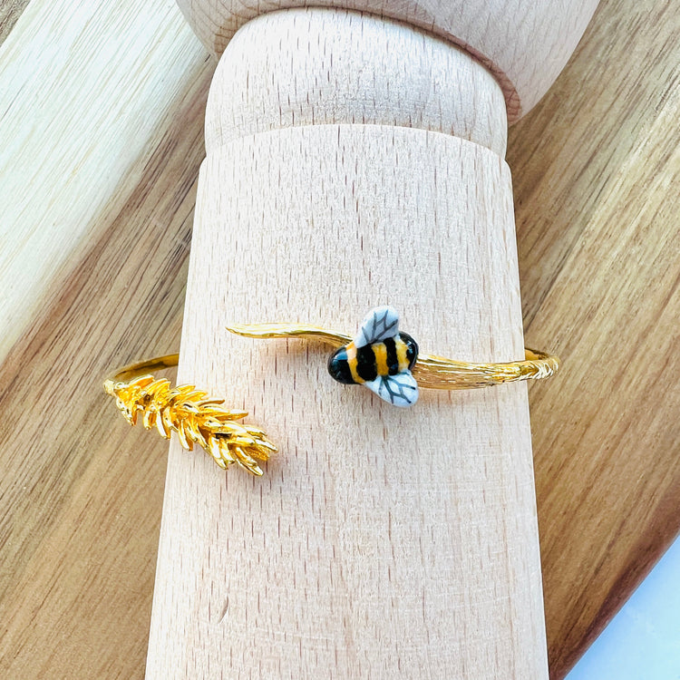 Nach Porcelain Bee on Ear of Wheat Bangle Bracelet