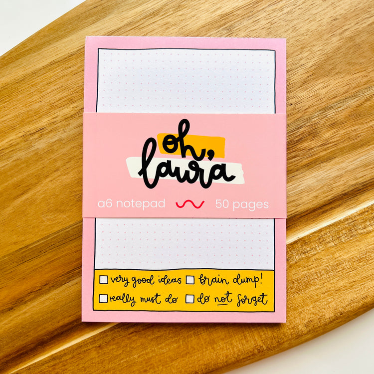 Oh Laura! A6 Notepad - Pink Grid