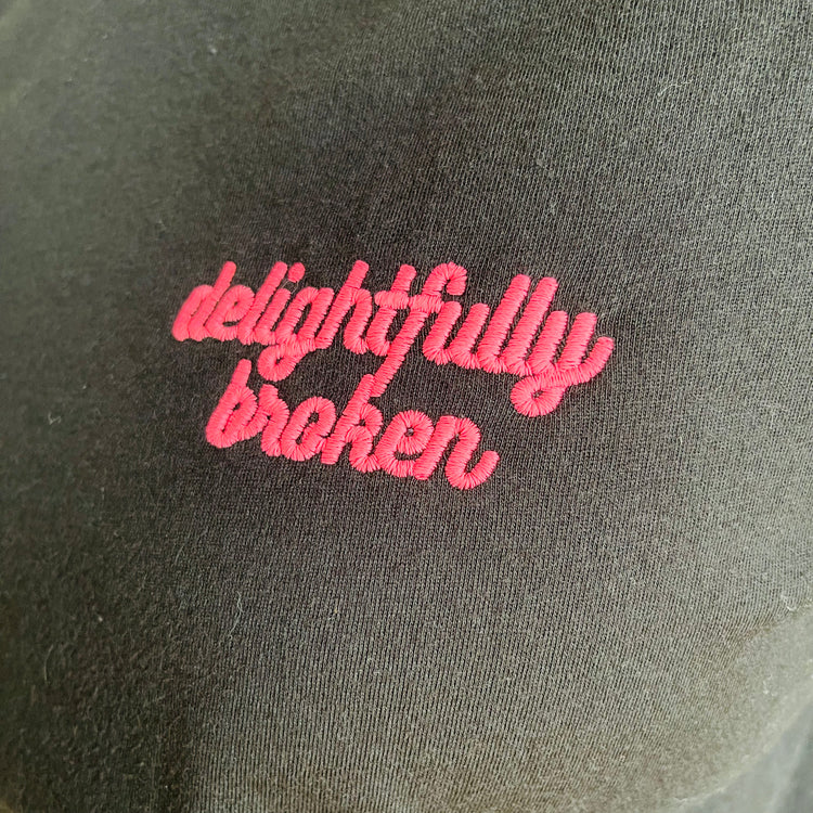 Black Unisex Adults "Delightfully Broken" Embroidered T-Shirt