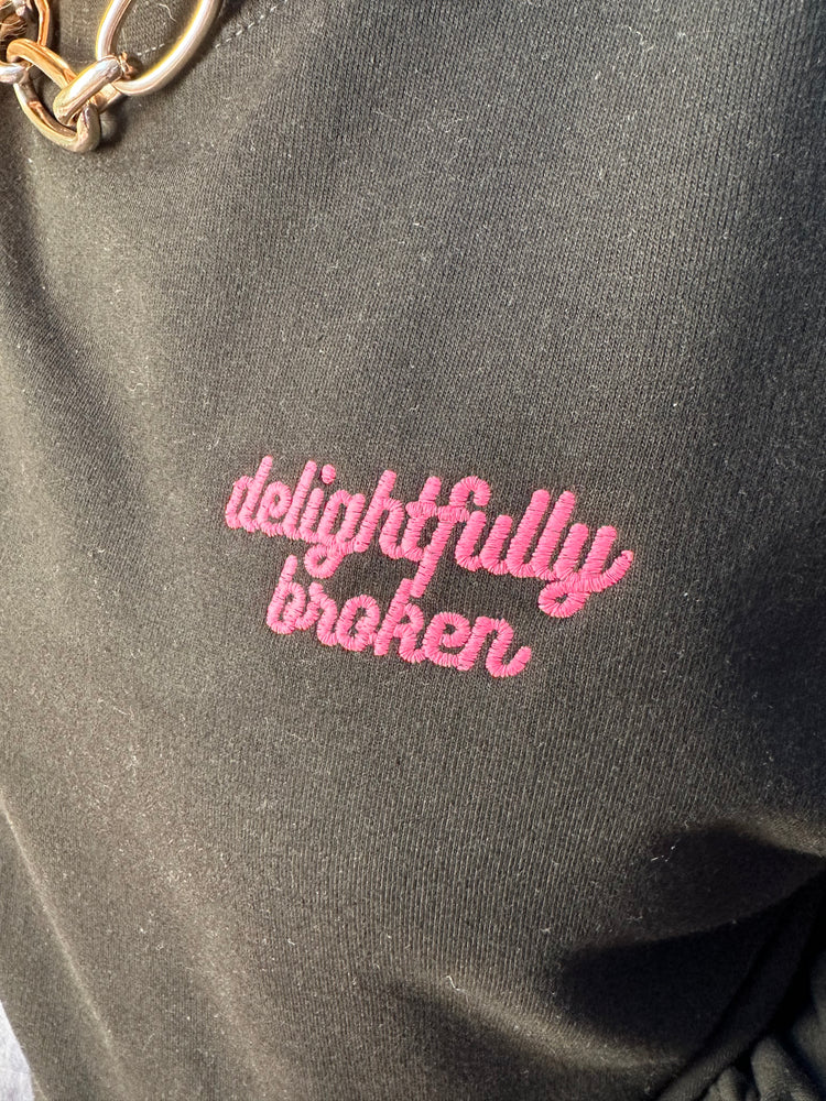(Words Only) Black Unisex Adults "Delightfully Broken" Embroidered Sweatshirt