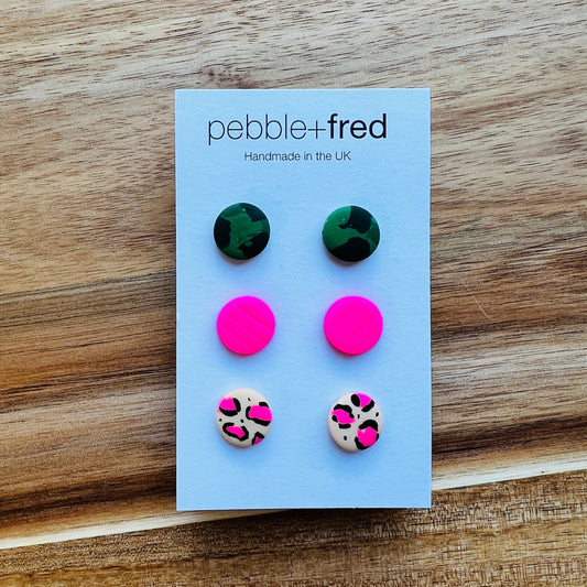 Neon Leopard and Camo Earrings Trio from Pebble + Fred