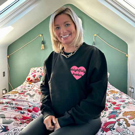 Black Unisex Adults "Delightfully Broken" Embroidered Sweatshirt