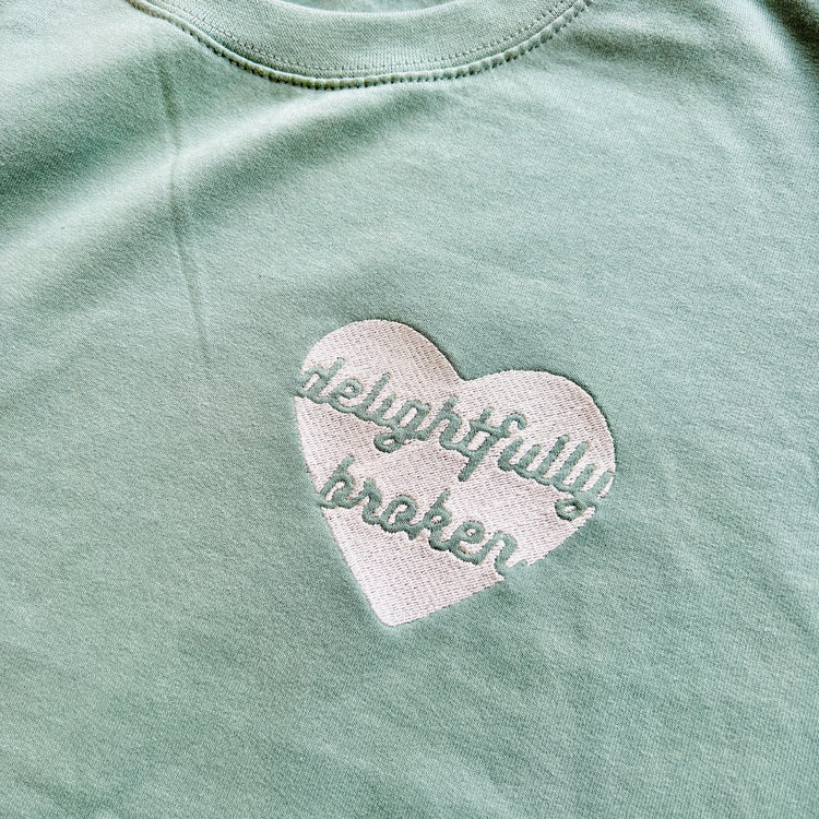 Dusty Green "Delightfully Broken" Embroidery Unisex Sustainable Sweatshirt