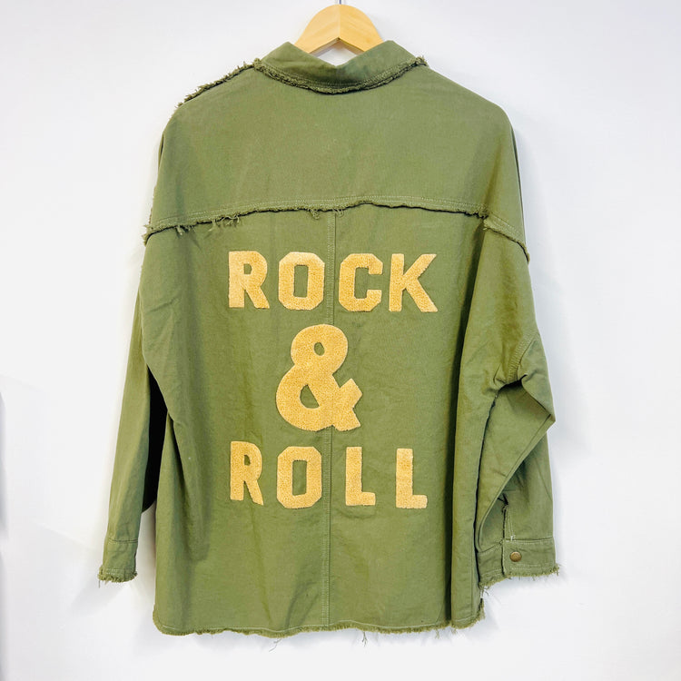 Khaki Rock & Roll Back Printed Button Down Jacket